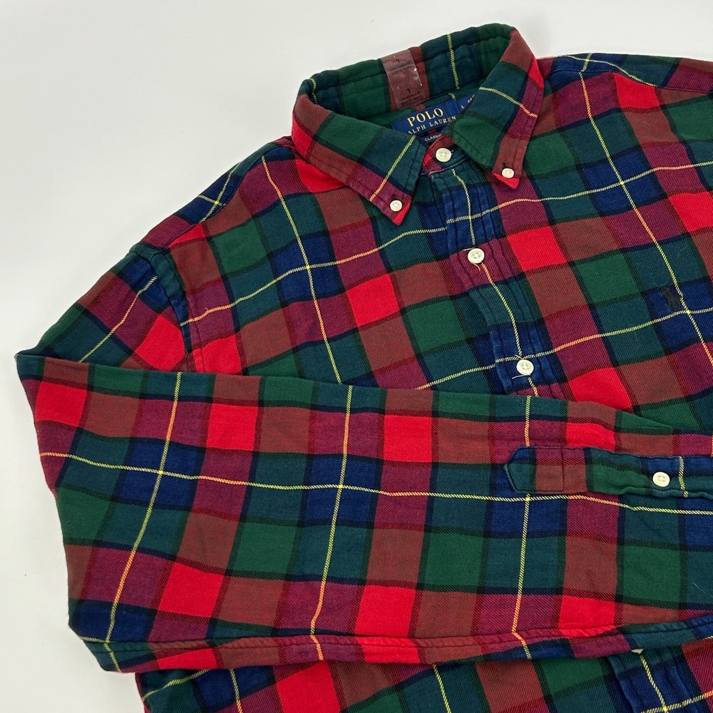 Polo Ralph Lauren Classic Fit Double-Faced Flannel‎ Shirt Men's L Red Plaid NEW